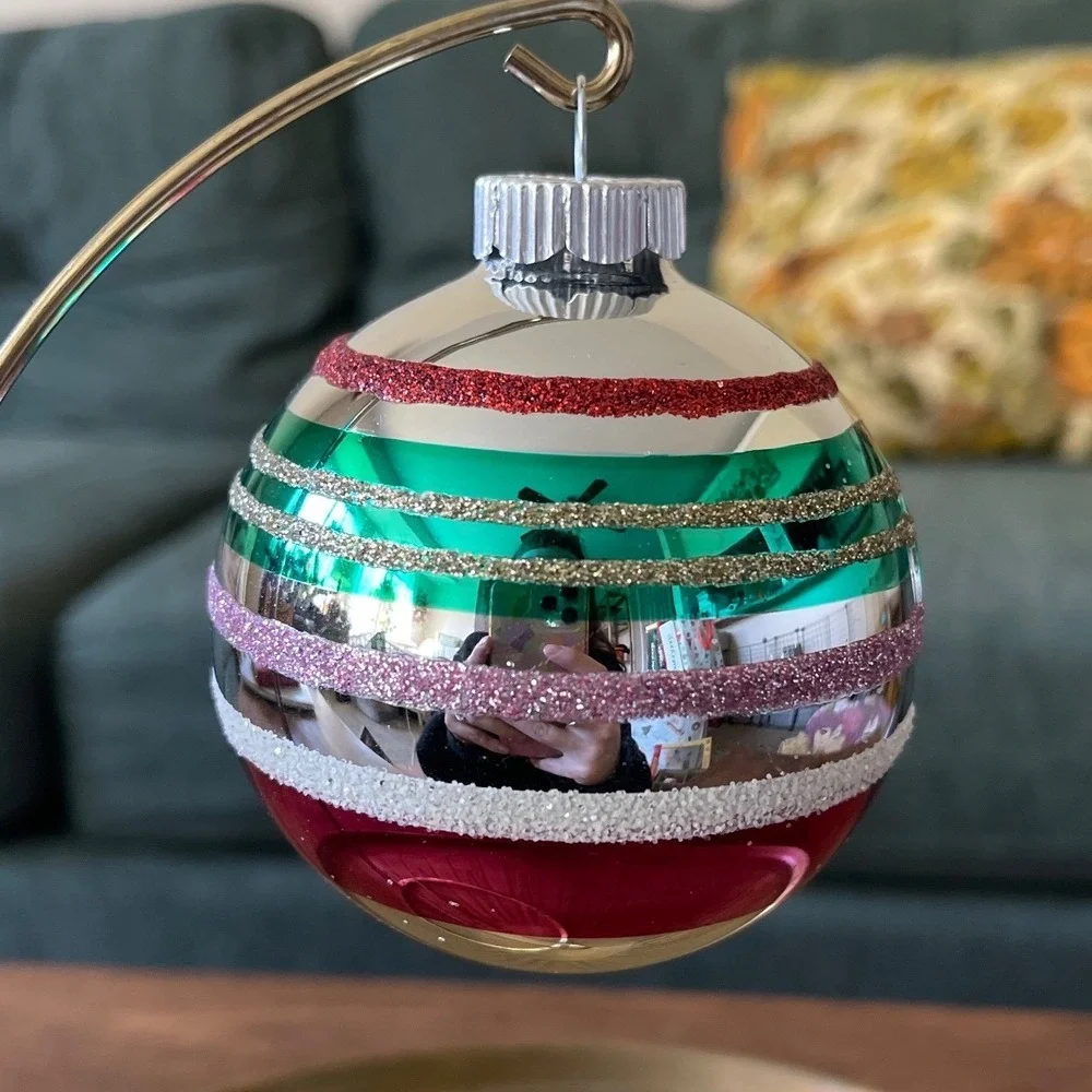 Radko Shiny Brite Glitter Striped Ornament Indent Ball Pink‎ Teal blue jumbo